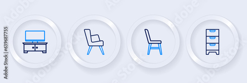Set line Chest of drawers, Chair, Armchair and TV table stand icon. Vector