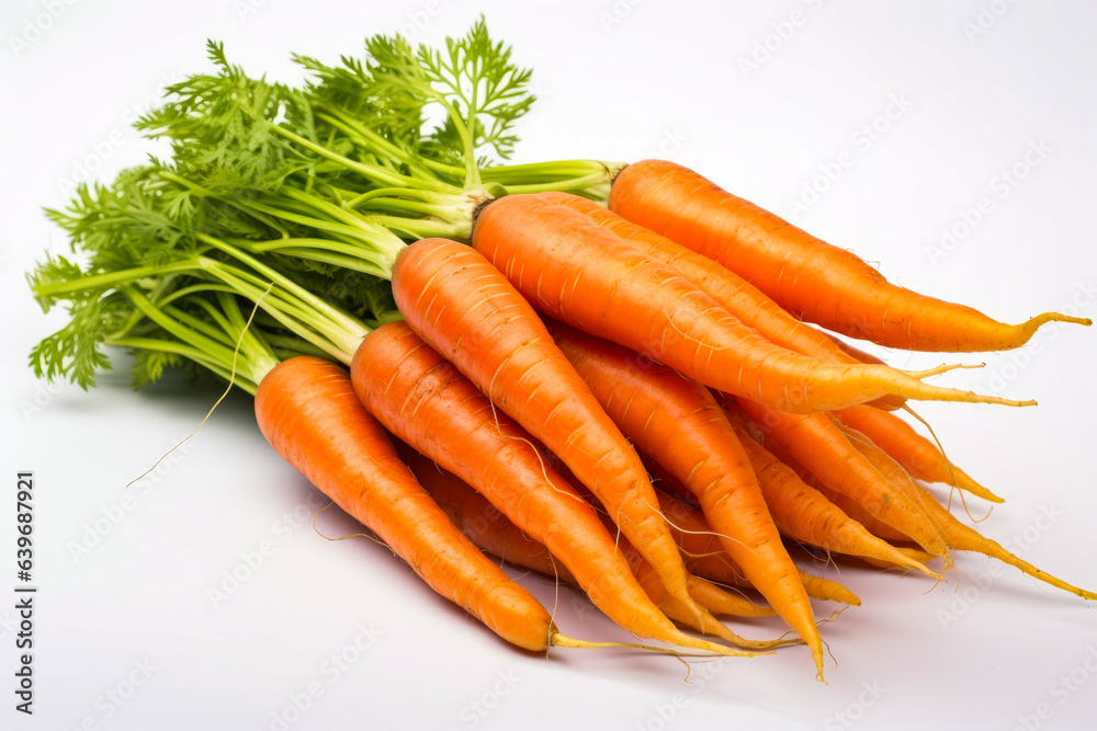 Pile of carrots sitting next to each other on white surface. Pile of carrots sitting next to each other on white surface.
