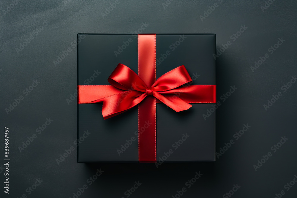 Black box with red ribbon on it and bow. Black box with red ribbon on it and bow.