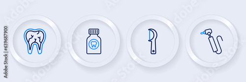Set line Tooth drill, Dental floss, Toothache painkiller tablet and Broken tooth icon. Vector