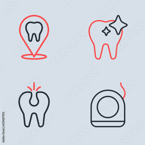 Set line Tooth whitening, Broken tooth, Dental floss and clinic location icon. Vector