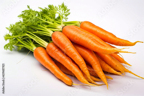 Pile of carrots sitting next to each other on white surface.