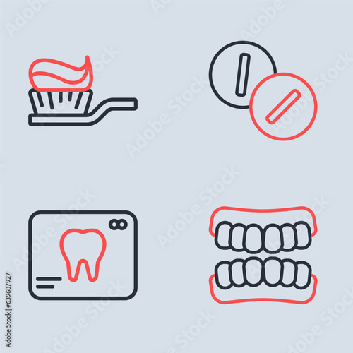 Set line Toothache painkiller tablet, X-ray of tooth, Dentures model and Toothbrush with toothpaste icon. Vector