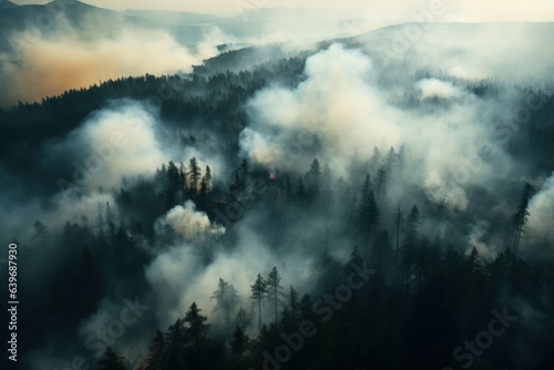 Fire in a pine forest, smoke, natural disaster, arial view photo