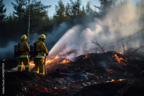 A team of firefighters is fighting a forest fire, climate change, global warming