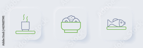 Set line Served fish on a plate, Chow mein and Cup of tea icon. Vector