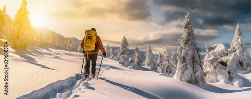 Mountaineer backcountry ski walking ski alpinist in the mountains. Ski touring in alpine landscape . generative ai
