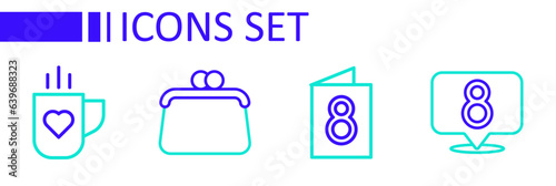 Set line 8 March, Greeting card with, Handbag and Coffee cup heart icon. Vector
