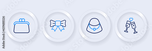 Set line Glass of champagne, Handbag, Gift bow and icon. Vector
