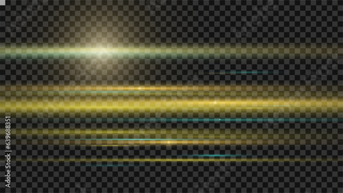 The light effect design. Vector blur in the light of radiance. Light and stripes moving fast over dark background. Element of decor. Horizontal rays of light.	