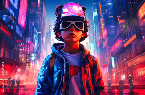 In the radiant glow of a neon city, a boy with a VR headset becomes a bridge between two worlds.