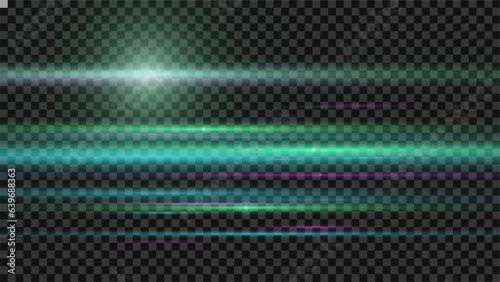 The light effect design. Vector blur in the light of radiance. Light and stripes moving fast over dark background. Element of decor. Horizontal rays of light.	