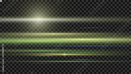 The light effect design. Vector blur in the light of radiance. Light and stripes moving fast over dark background. Element of decor. Horizontal rays of light.	