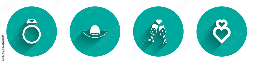 Set Diamond engagement ring, Elegant women hat, Glass of champagne and Heart icon with long shadow. Vector Set Diamond engagement ring, Elegant women hat, Glass of champagne and Heart icon with long shadow. Vector