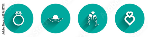 Set Diamond engagement ring, Elegant women hat, Glass of champagne and Heart icon with long shadow. Vector