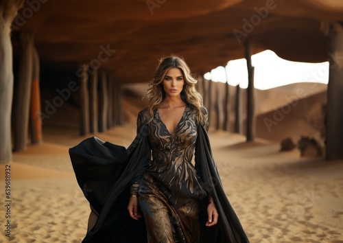 The Beautiful Girl in Abaya walks through the dunes of the desert. A luxurious woman in a light dress walks along the dunes. Brunette in a silk dress, created in ai.