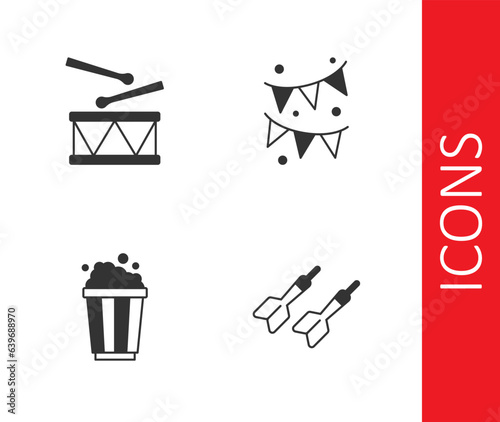 Set Dart arrow, Drum with drum sticks, Popcorn in cardboard box and Carnival garland flags icon. Vector