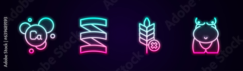 Set line Calcium, Sports nutrition proteine, Gluten free grain and Obesity. Glowing neon icon. Vector