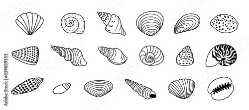 Fotografiet Black Doodle Outline Sea Shell Set