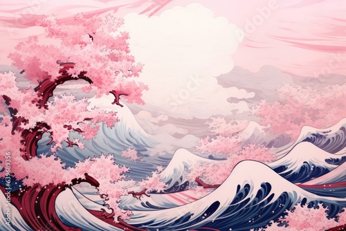 Abstract Hokusai style background Waves sea pink