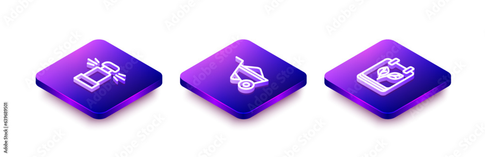 Set Isometric line Automatic irrigation sprinklers, Wheelbarrow and Calendar with autumn leaves icon. Vector Set Isometric line Automatic irrigation sprinklers, Wheelbarrow and Calendar with autumn leaves icon. Vector