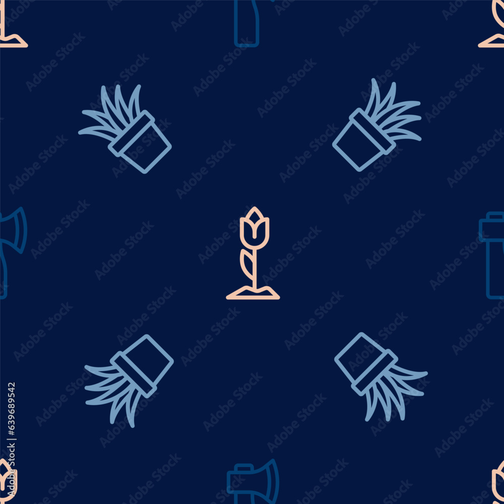 Set line Wooden axe, Plant in pot and Flower tulip on seamless pattern. Vector Set line Wooden axe, Plant in pot and Flower tulip on seamless pattern. Vector