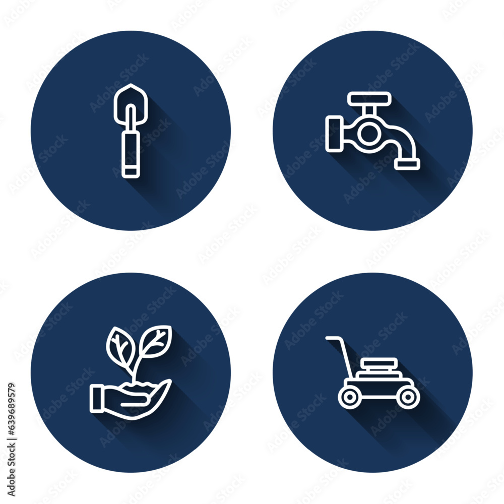 Set line Garden trowel spade or shovel, Water tap, Leaf in hand and Lawn mower with long shadow. Blue circle button. Vector