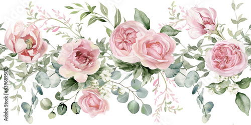 Watercolor seamless floral border. Light pink flowers and eucalyptus greenery PNG. Wedding invitation. Dusty roses, soft blush peony frame, bouquet. Perfect for stationary, greeting card, fashion