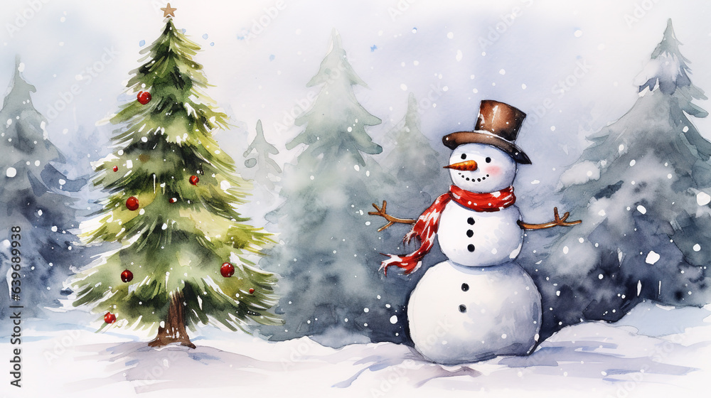 Obraz premium Snowman and Christmas tree, watercolor style. 