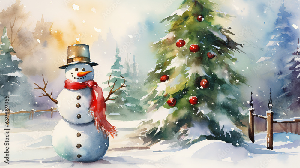 Snowman and Christmas tree, watercolor style.
