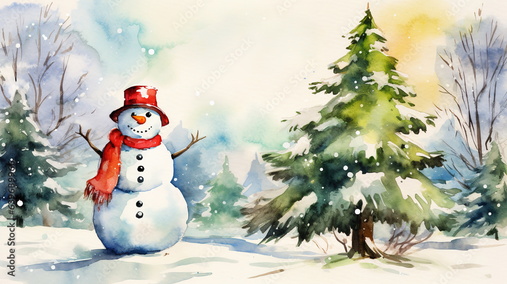 Obraz premium Snowman and Christmas tree, watercolor style.