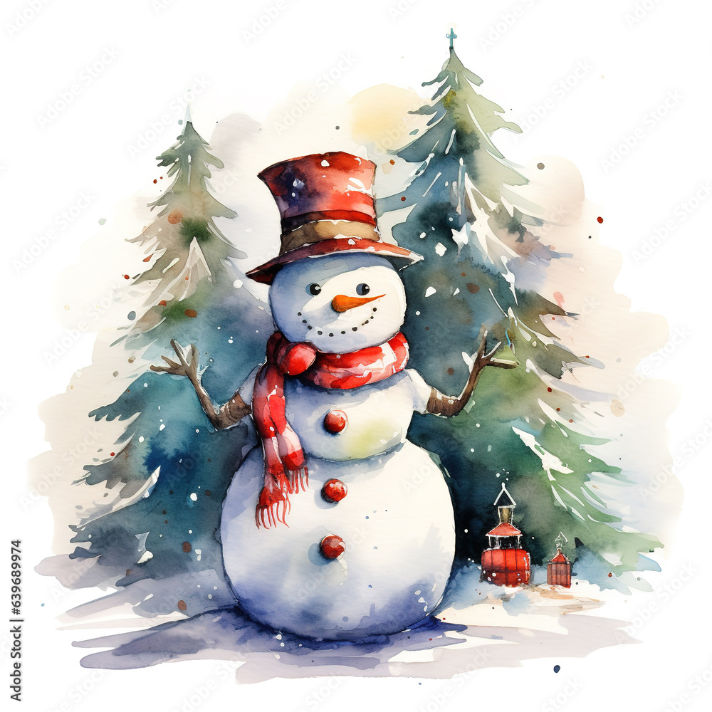 Obraz premium Snowman and Christmas tree, watercolor style. 