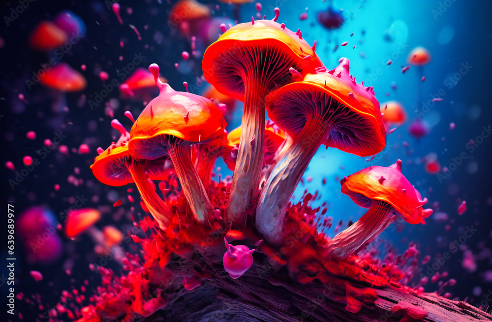 Obraz premium Vibrant mushrooms pop against a rainbow-hued backdrop, a delightful fusion of nature's palette and whimsical charm in a single frame.