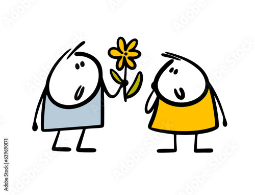Stick figure young man gives a beautiful flower to cartoon girl for her birthday. Vector illustration of a stickman boy and gift for party holiday.