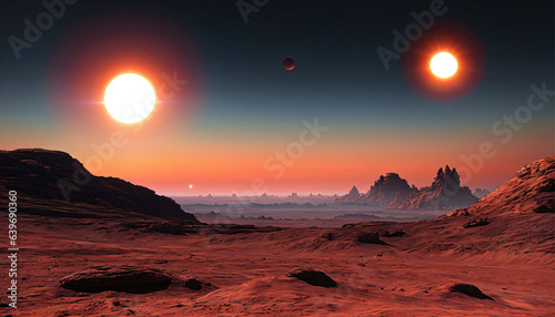 view of alien desert planet serserpoo with two suns, generative AI