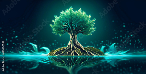 In a dark expanse, an animated tree flourishes within water, its roots delving deep an evocative symbol of life's resilience photo