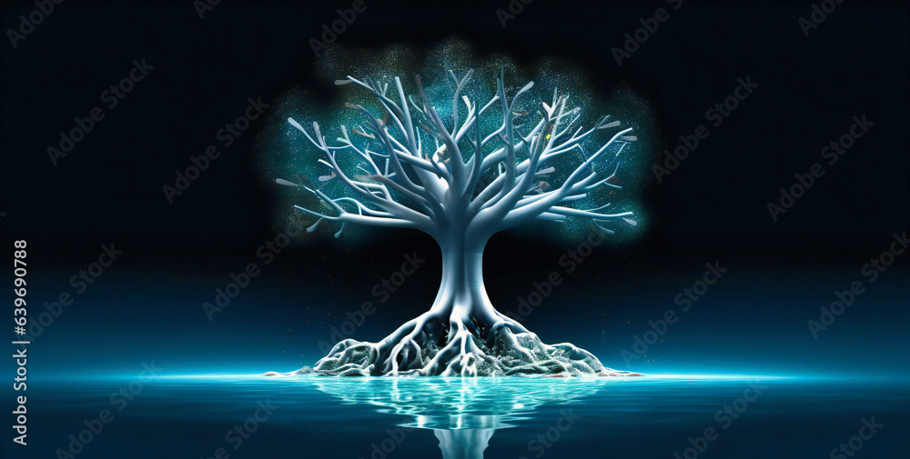 Amidst a dark backdrop, an animated tree thrives in water, its roots ...