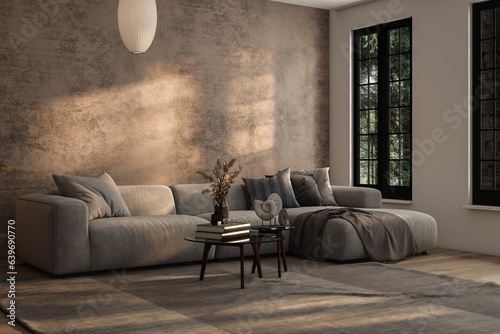 Luxury living room in warm colors. Brown beige walls, light gray lounge furniture sofa, table. Empty background for art or picture.