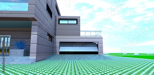 Entrance to garage of the compact private house. Concrete grid as a pavement around the building. 3d rendering.