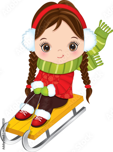 Vector Cute Little Girl in Winter Outfit Sledding