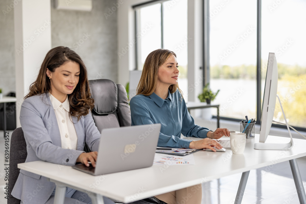 Business women working together on computer in modern office Business women working together on computer in modern office
