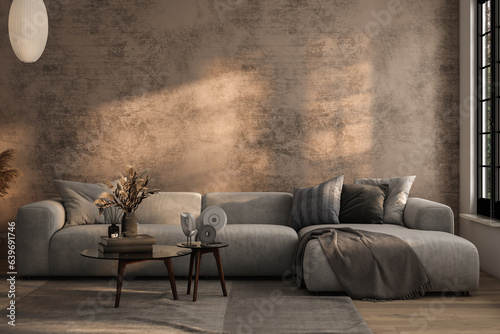 Luxury living room in warm colors. Brown beige walls, light gray lounge furniture sofa, table. Empty background for art or picture.