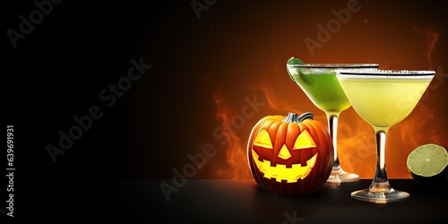 delicious margarita and halloween pumpkin, cocktail promo, restaurant advertisement photo