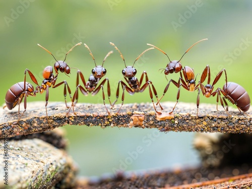 Team of ants constructing bridge with copy space, teamwork concept banner, macro shot © prasanth