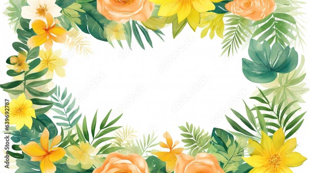 Summer tropical leaf frame, Tropical palm leaves background wallpaper, tropical leaves isolated on white background. Illustration for design wedding invitations, greeting cards, postcards.