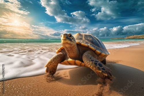 turtle on the beach, sea in background