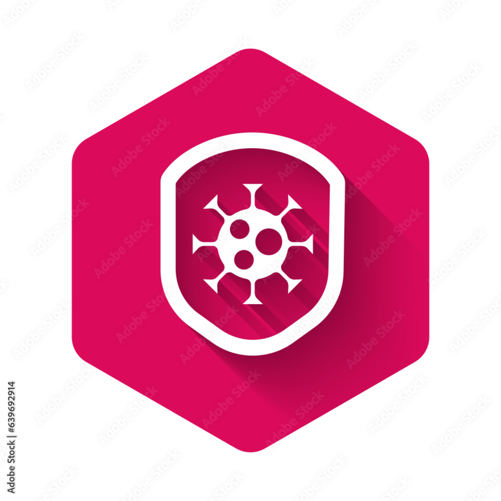 White Shield protecting from virus, germs and bacteria icon isolated with long shadow. Immune system concept. Corona virus 2019-nCoV. Pink hexagon button. Vector.