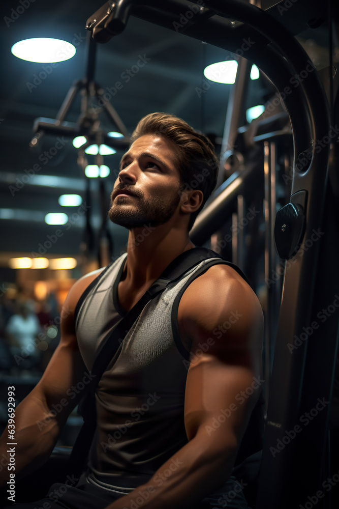 Portrait of a fitness man in an equipped gym. Man focused on his workouts and exercises at the gym. Wellness and bodybuilding concept.