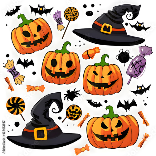 Happy Halloween set of elements, pumpkin, bat, candy and witch hat.