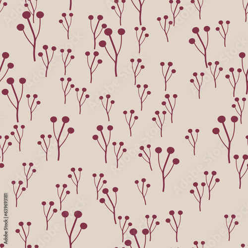 Romantic winter berries seamless pattern. Beautiful design with hand-drawn red floral silhouettes and berries on a cozy tan background. Perfect for Christmas, winter, and autumn. 